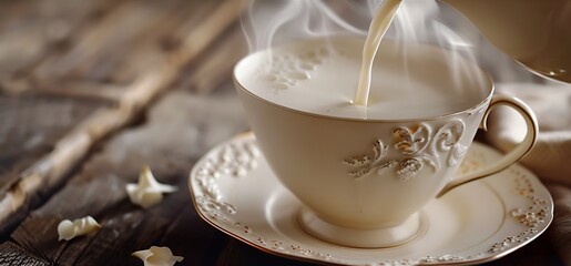 Obraz premium Pouring milk into a cup of coffee