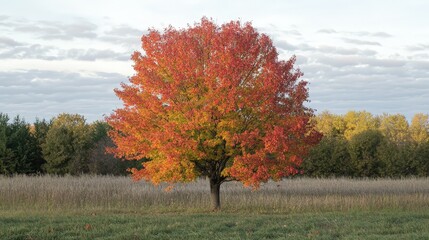 Obraz premium A deciduous tree in autumn, its leaves a brilliant array of red, orange, and yellow, ready to fall