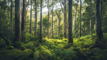 Obraz premium A dense forest filled with native trees thriving in their natural habitat, surrounded by wildlife