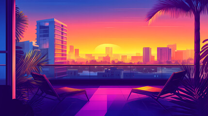 Fototapeta premium Desert cyberpunk wasteland lo-fi sci-fi post apocalyptic city balcony terrace view from skyscraper building at sunset. landscape cityscape cyber town slum ghetto. Sci-fi. Illustration
