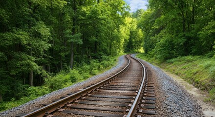 Obraz premium Scenic railway track winding through a lush green forest