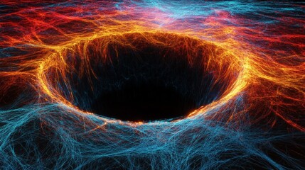 A digital rendering of an evaporating black hole surrounded by a sparse field of matter and energy, illustrating the concept of entropy