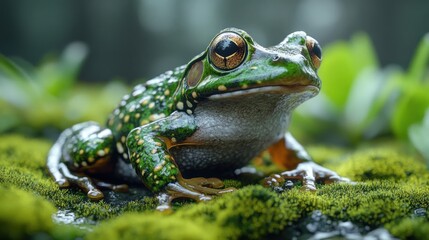 Green Frog Sitting on Lush Green Moss
