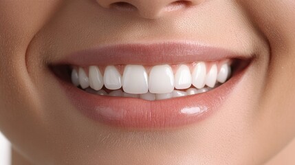 Obraz premium Close-up of a smiling face showcasing bright, pristine teeth, with emphasis on the mouth and chin against a clean white background, ideal for dental service promotion.