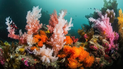 Vibrant underwater scene showcasing an array of colorful coral reefs teeming with diverse marine life and lush aquatic vegetation.