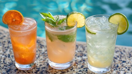 Fototapeta premium Vibrant close-up of three refreshing cocktails by the poolside showcasing colorful garnishes, ideal for a relaxing vacation atmosphere.