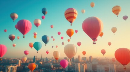 Naklejka premium Colorful hot air balloons soar above city.