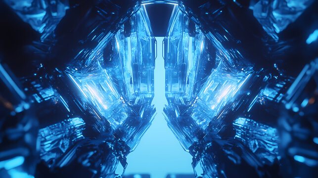 Abstract interior of a sci-fi spaceship corridor with blue neon glowing tube lights reflections, render, abstract, interior. Sci-fi. Illustration