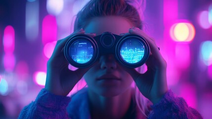 Futuristic traveler observes vibrant cityscape with high-tech binoculars at night