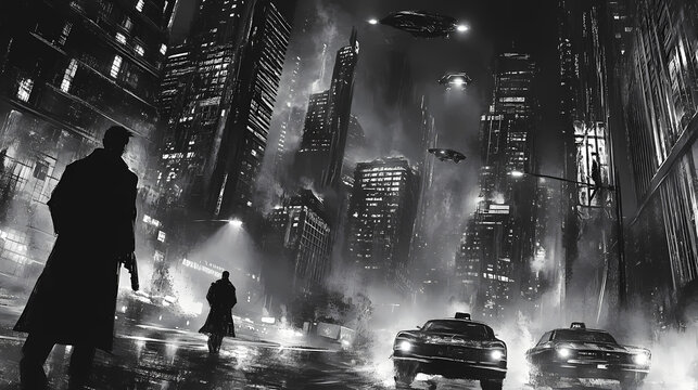 Agents pursue fugitive hiding in gritty futuristic city streets at night - high-stakes chase through moody monochromatic urban landscape. Sci-fi. Illustration