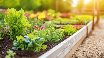 Close-up view of a vegetable garden with raised beds, lush green crops, and colorful flower borders illuminated by warm sunlight.