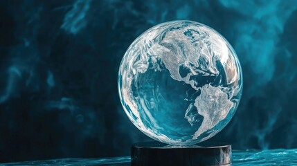 Crystal globe symbolizing ESG principles with detailed continents, emphasizing sustainable business collaboration for an eco-friendly future.