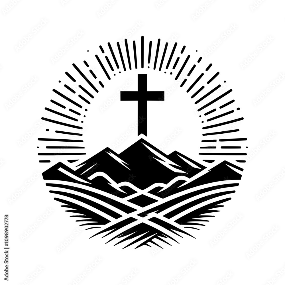 Poster simple christian design of a black vector silhouette of a christian cross on the mountain with sun r