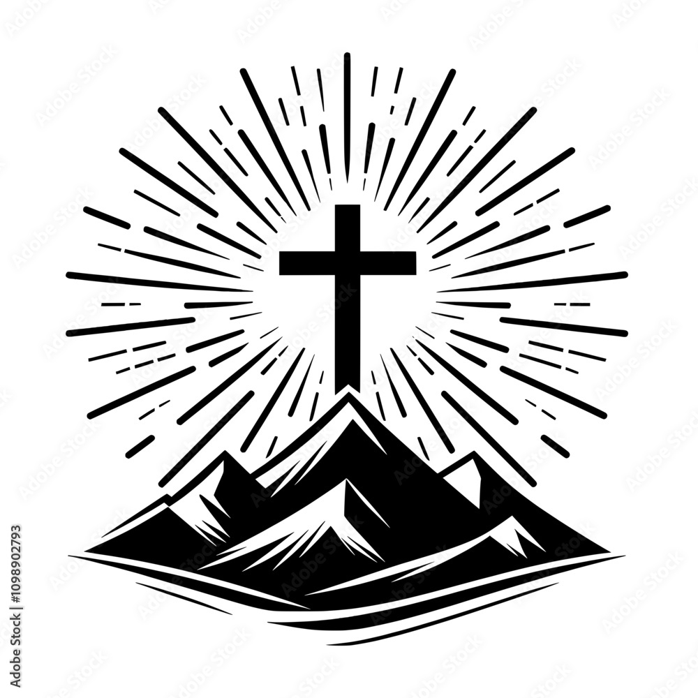 Poster simple christian design of a black vector silhouette of a christian cross on the mountain with sun r