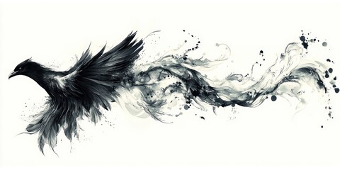 Obraz premium Black Bird In Flight With Ink Trails