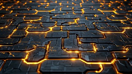 Obraz premium Financial Inclusion Blockchain Technology. A futuristic, dark surface with glowing golden lines creating a complex circuit-like pattern.