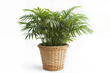 Vibrant Parlor Palm in a Handwoven Basket on a White Background
