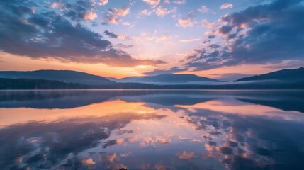 Layered clouds at sunrise over a serene lake, capturing the quiet beauty of morning