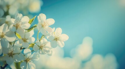 Fototapeta premium Delicate white blossoms on a tree branch illuminated by soft sunlight against a serene blue sky, creating a peaceful and fresh atmosphere.