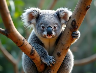 Fototapeta premium A cute koala clinging to a tree branch. The koala smiles at the camera.