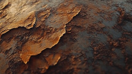 Fototapeta premium Close-up of rust on a metal sheet highlighting flaky texture and rich brown tones, showcasing the intricate deterioration of the iron surface.