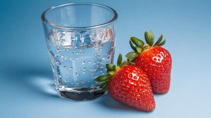 Close-up view of two vibrant red strawberries resting beside a clear glass filled with sparkling water against a light blue background.