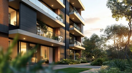 Obraz premium Close-up of a modern residential apartment building featuring sleek balconies, large windows, and lush landscaping in a contemporary upscale setting.