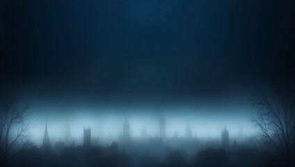 Mysterious skyline shrouded in fog at dusk with silhouettes of buildings and trees
