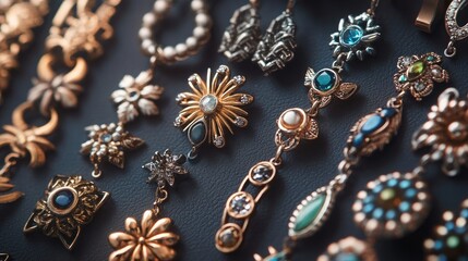 Collection of Decorative Earrings Showcasing Diverse Styles Such as Helix, Rook, Tragus, and Lobe Piercings with Intricate Designs and Vibrant Gemstones