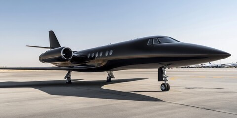 A black private jet is standing in the sunny airport