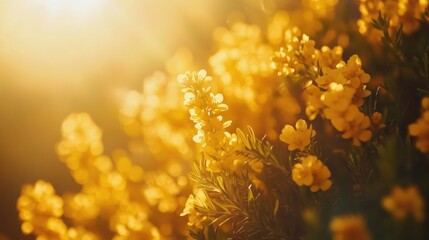 Close-up of bright yellow gorse flowers bathed in sunlight, showcasing their vibrant hues and delicate petals with ample space for text.