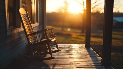 Fototapeta premium A solitary chair on a porch at sunset, absence and quiet reflection concept
