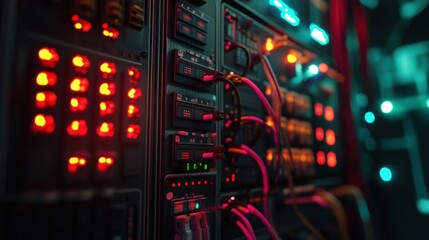 Fototapeta premium electrical control panel with various colored wires, close up view