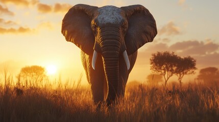 Majestic elephant silhouetted against a vibrant sunset in a savannah landscape, showcasing its impressive size and tranquil surroundings.