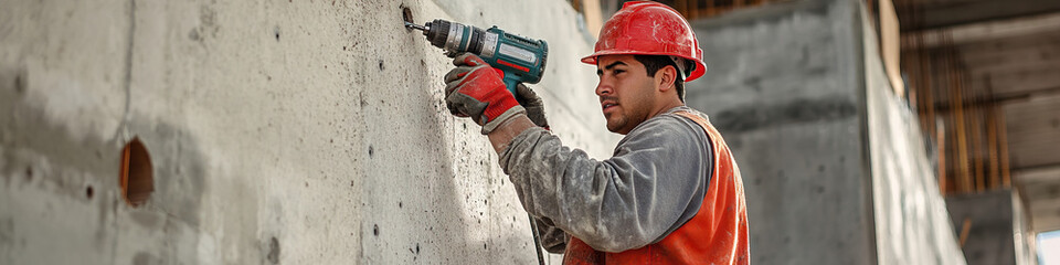 Fototapeta premium A Hispanic man works at a construction site, using a power drill to secure a beam.
