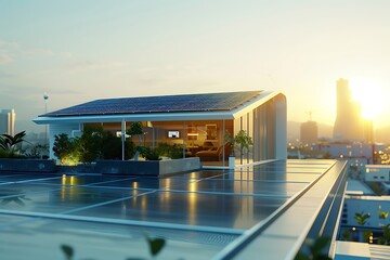Fototapeta premium Solar panels installed on the roof of a building. Futuristic generic smart home with solar panels