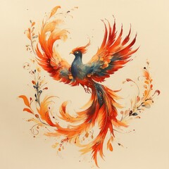 Obraz premium A Fiery Phoenix Bird Soaring Amongst Autumnal Flowers