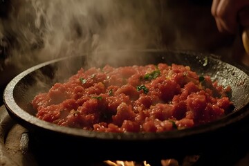 Close-up of a skillet with sizzling ingredients, steam rising, with simple kitchen decor in the background. National Men Make Dinner Day. 