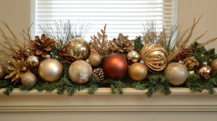 Elegant holiday decoration display featuring an assortment of gold and bronze ornaments, pinecones, and greenery, with space for personalized messages.