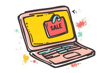 Laptop icon with &lsquo;sale&rsquo; tag on a white canvas, tech-inspired for Cyber Monday. 