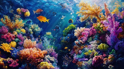 Naklejka premium A vibrant coral reef teeming with colorful marine life.