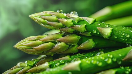 Close-up of fresh green asparagus spears glistening with water droplets, showcasing vibrant colors and intricate details in vertical orientation.