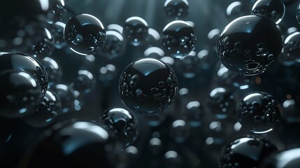 A 3D rendering of many dark, reflective spheres.