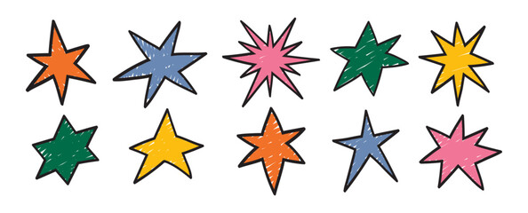 Obraz premium A set of hand-drawn and colored bright stars in a fun doodle style, created using felt-tip pens. Starry vector collection.
