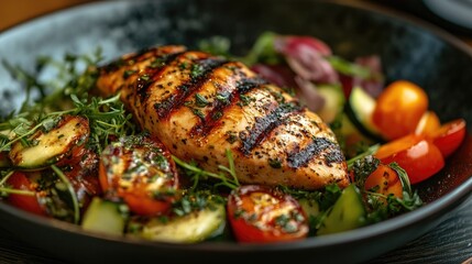 Grilled chicken breast garnished with herbs, accompanied by a colorful medley of fresh vegetables including tomatoes and cucumbers on a dark plate.