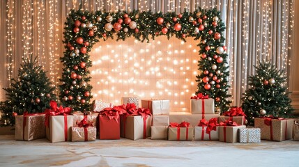 Festive holiday scene with decorated trees, shimmering lights, and a variety of gift boxes wrapped in colorful ribbons against a cozy backdrop.