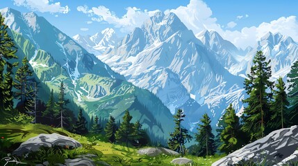 A cartoon style illustration of a mountain range with a blue sky and clouds.