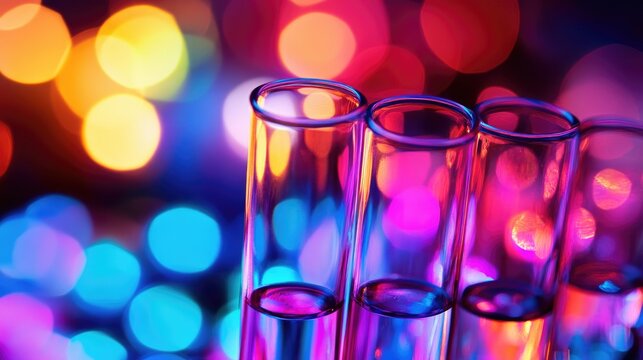 Test Tubes Glimmering in Colorful Bokeh Background Reflecting a Journey Through Hypothesis Testing and Scientific Discovery