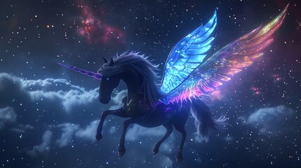 Fototapeta premium A black unicorn with iridescent wings soars through the night sky.