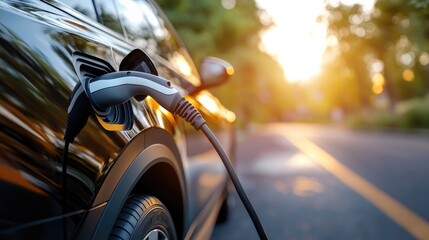 Naklejka premium Solar charge: electric car powered at station using energy from solar panels, green electricity concept focused on sustainable transportation and reducing environmental impact.